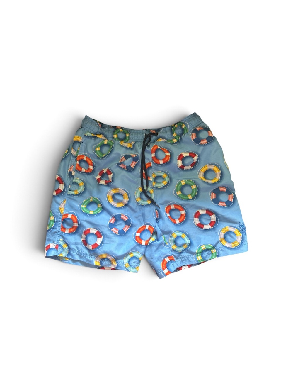 Blue Swim Shorts with Colorful Lifebuoy Print